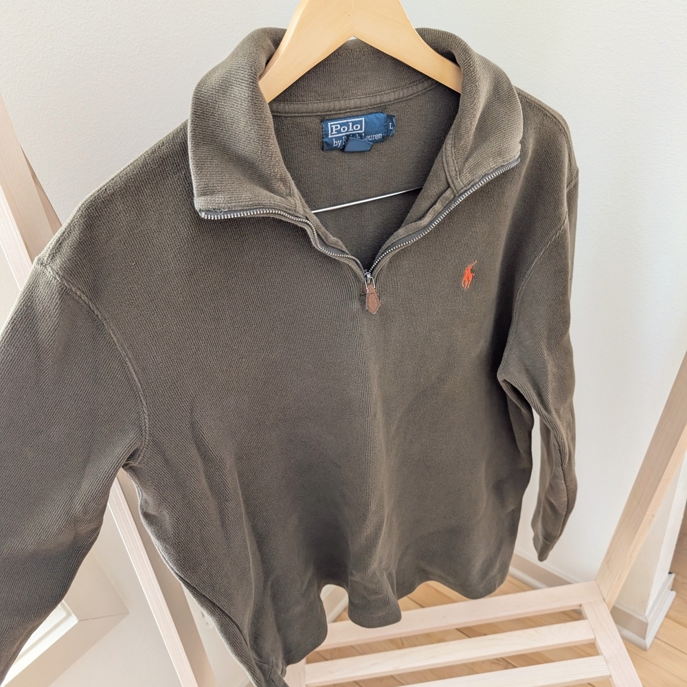 Vintage Polo Ralph Lauren Embroidered Logo Quarter Zip Henley In Olive Green - Picture 4 of 6